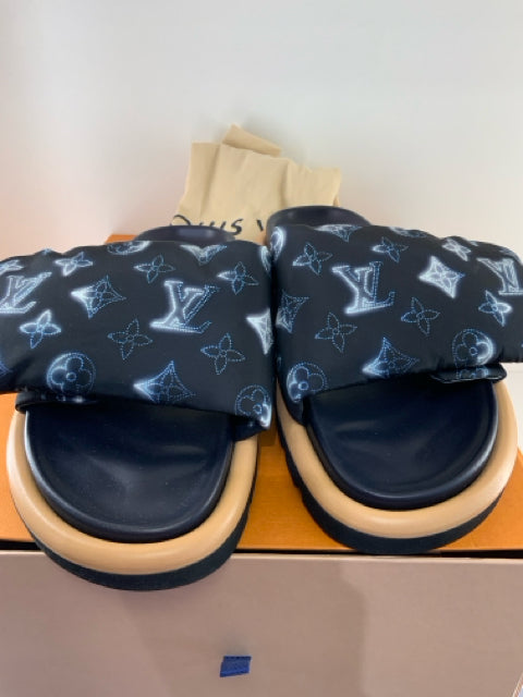 Pre Owned Louis Vuitton Black & Blue Pillow Slide Shoe Sz 38 Shoin Box