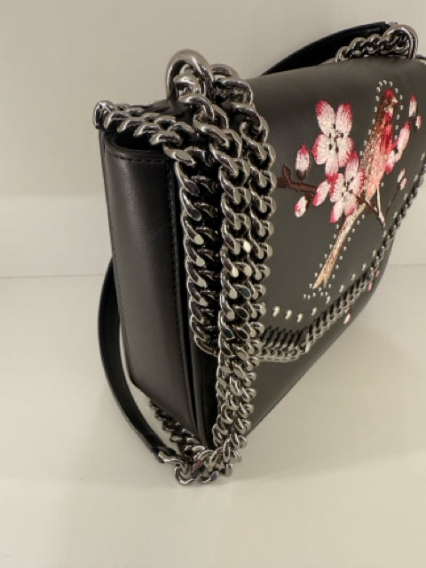Pre Owned Stella Mccartney Black Vegan Leather Xbody Embroidered Bird/Floral W/ Dustbag