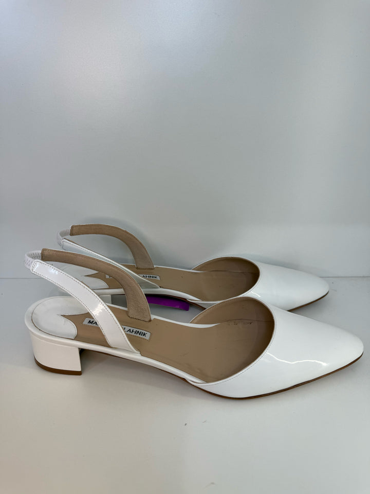 Manolo Blahnik White Patent Leather Slingback DesignerShoes Sz 10.5"