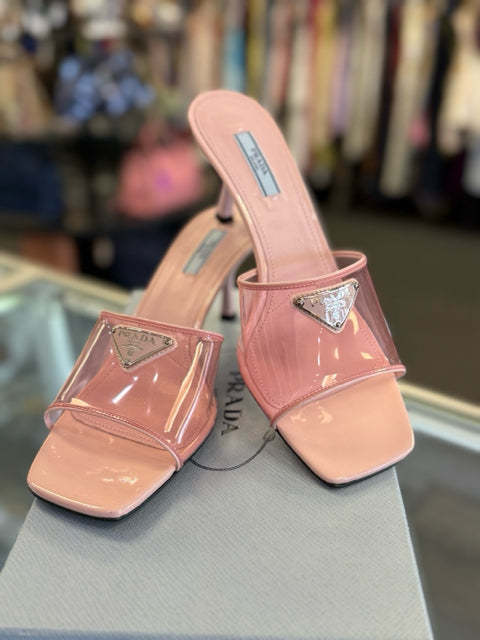 NIB Prada Sz 39.5 Alabastro Plexi & Patent Slide Mule Kitten Heel Shoe Pre Loved