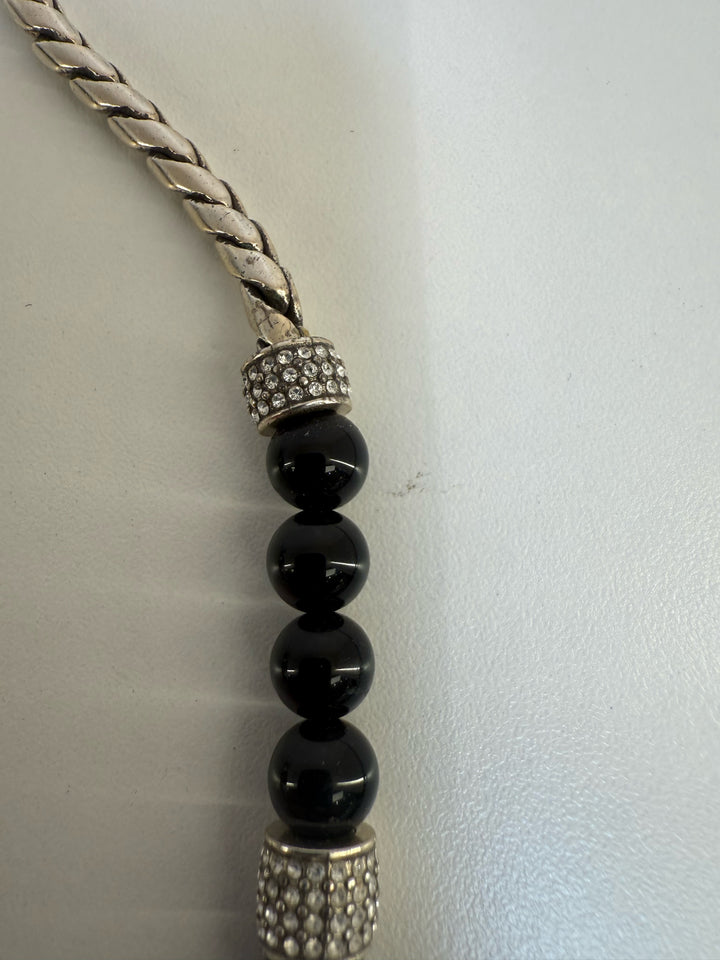 Brighton Black Shiny Beads/czs Silver Tone Necklace