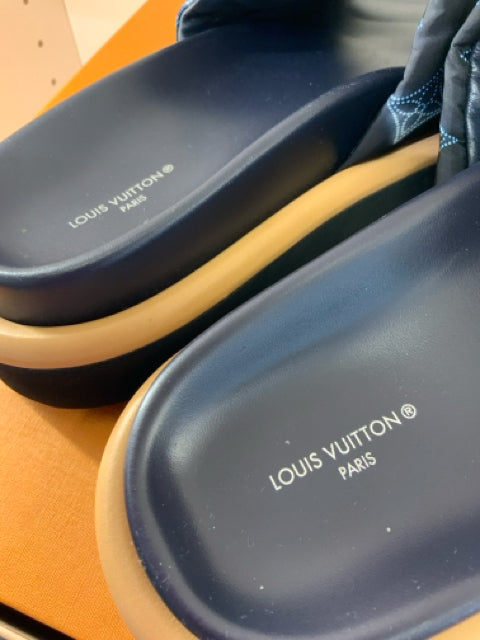 Pre Owned Louis Vuitton Black & Blue Pillow Slide Shoe Sz 38 Shoin Box