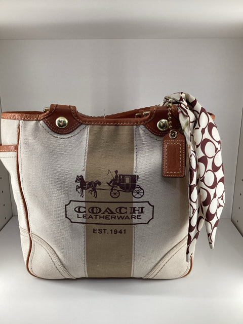 Pre Owned Coach Beige Leather handles w/coach logo and C logo scarf Tote Bag.