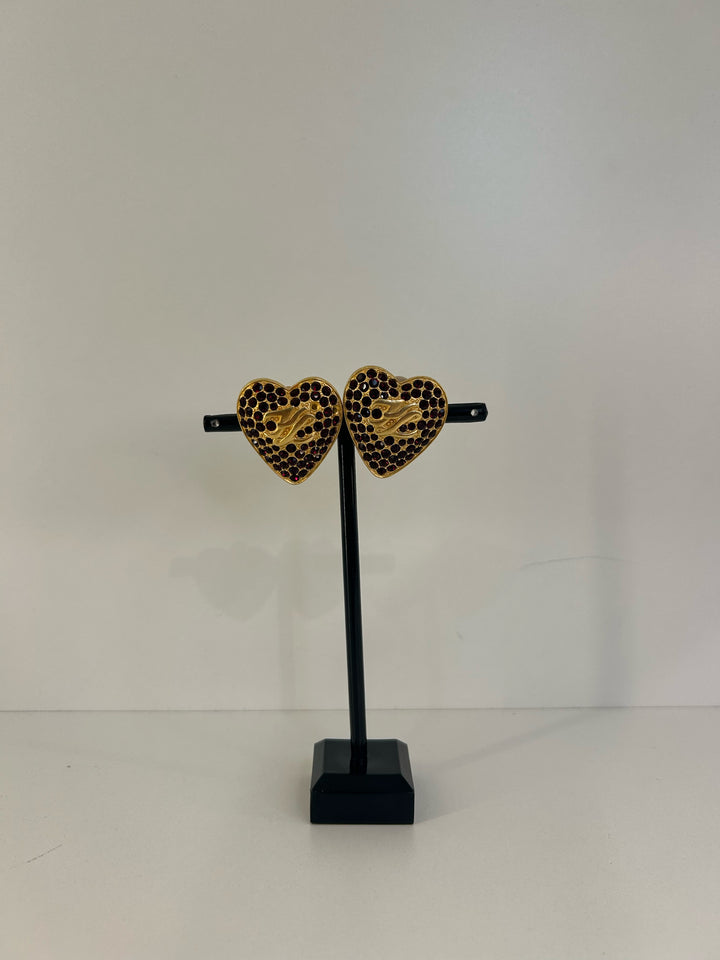 Vintage Karl Lagerfeld Clip On Matte Gold KL Ruby Rhinestone Encrusted Earrings