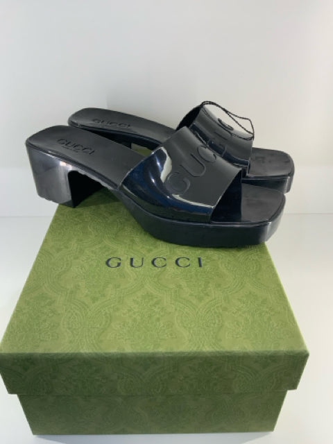 NIB Gucci Sz 38 Black Plastic Block Heel Designer Shoes