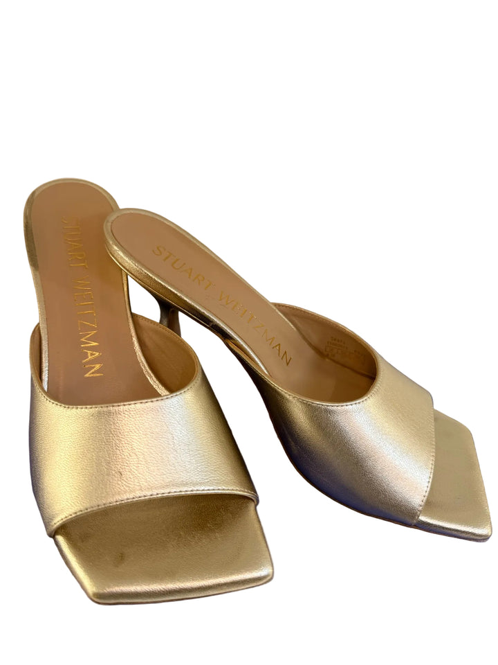Stuart Weitzman Sz 6 Gold Kitten Heel Tia Sandal Mules in Box