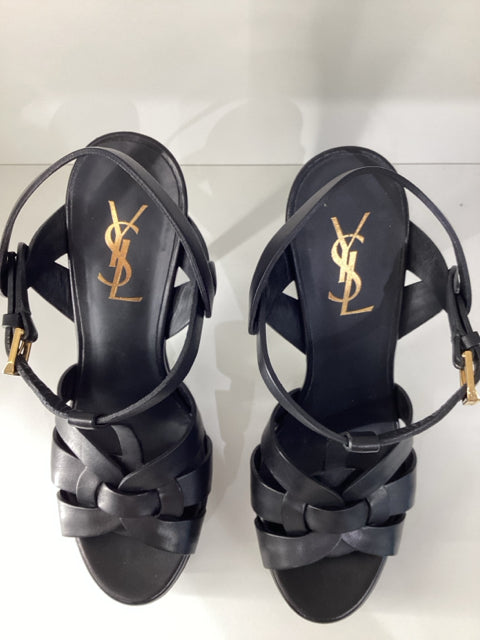Sz 38 Yves Saint Laurent Black Tribute Leather Heels Sandals Shoes