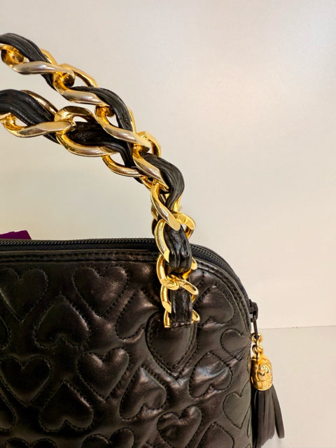 Cosci Black Leather Bag Purse W/ 2 Gold Chain Metal Handle