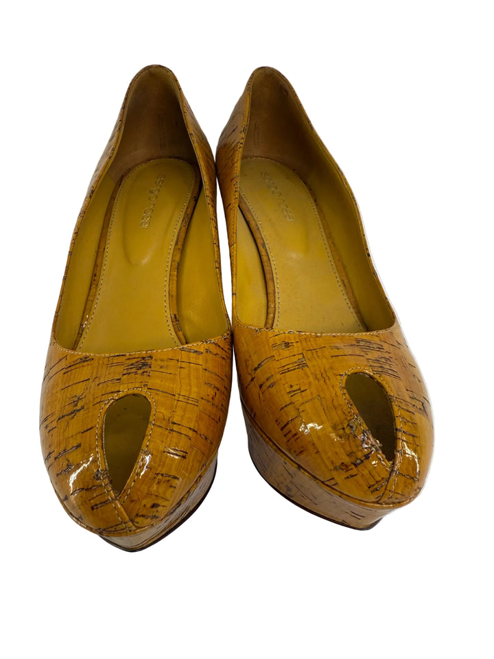 Sergio Rossi Coated Cork Peep Toe Pump 4" Heel Shoes Sz 37.5