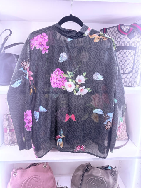 Johnny Was Sz S Silk Floral Shirt Dress Blouse