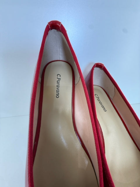 Pre Owned C. PARAVANO Sz 7.5 Red Leather Ballet Flats Shoes
