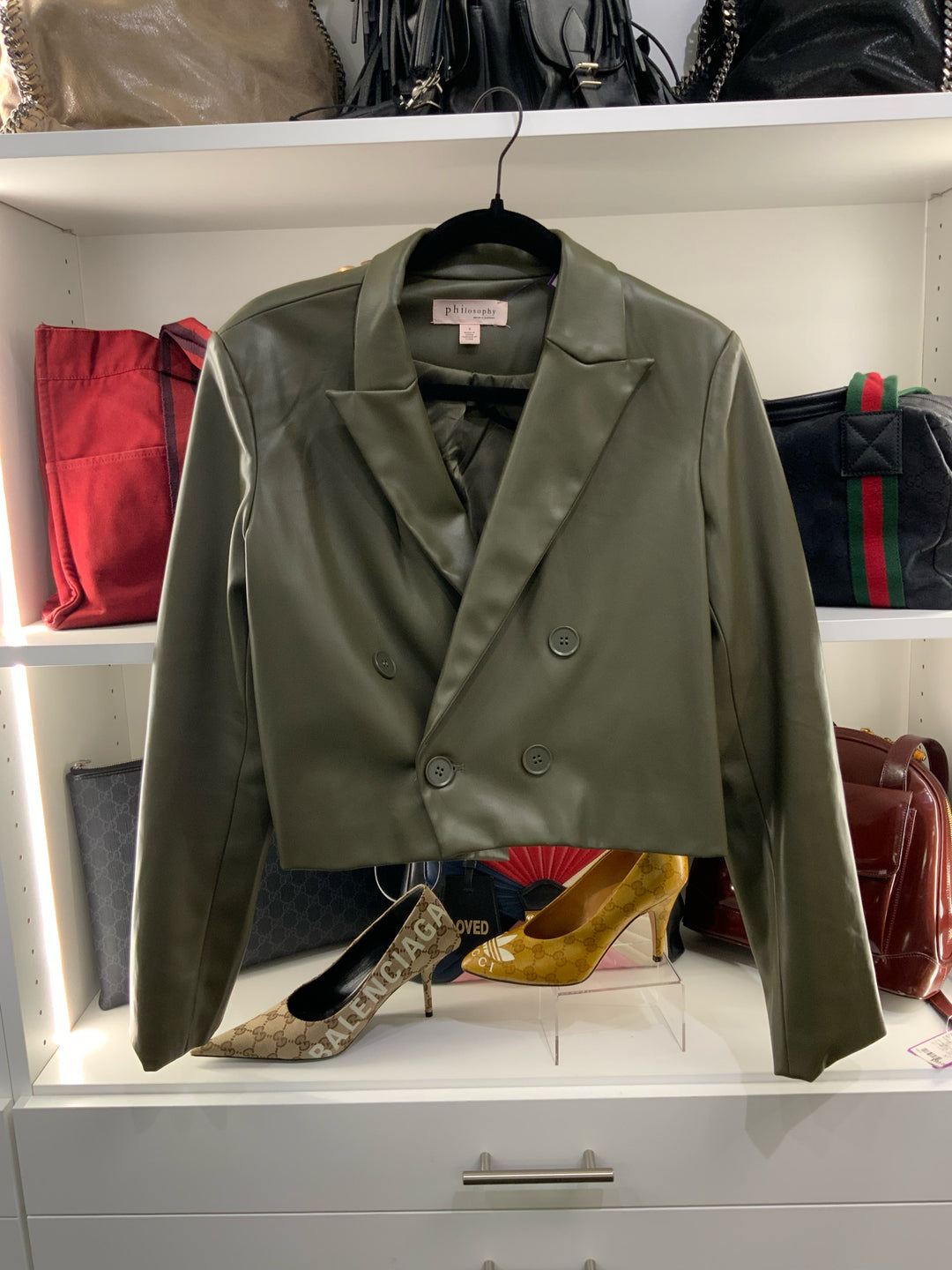 Philosophy Crop Olive Double Breast Jacket Size 8