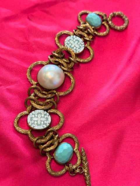 Stephen Dweck Bracelet Brass w Turquoise & Mother of Pearl