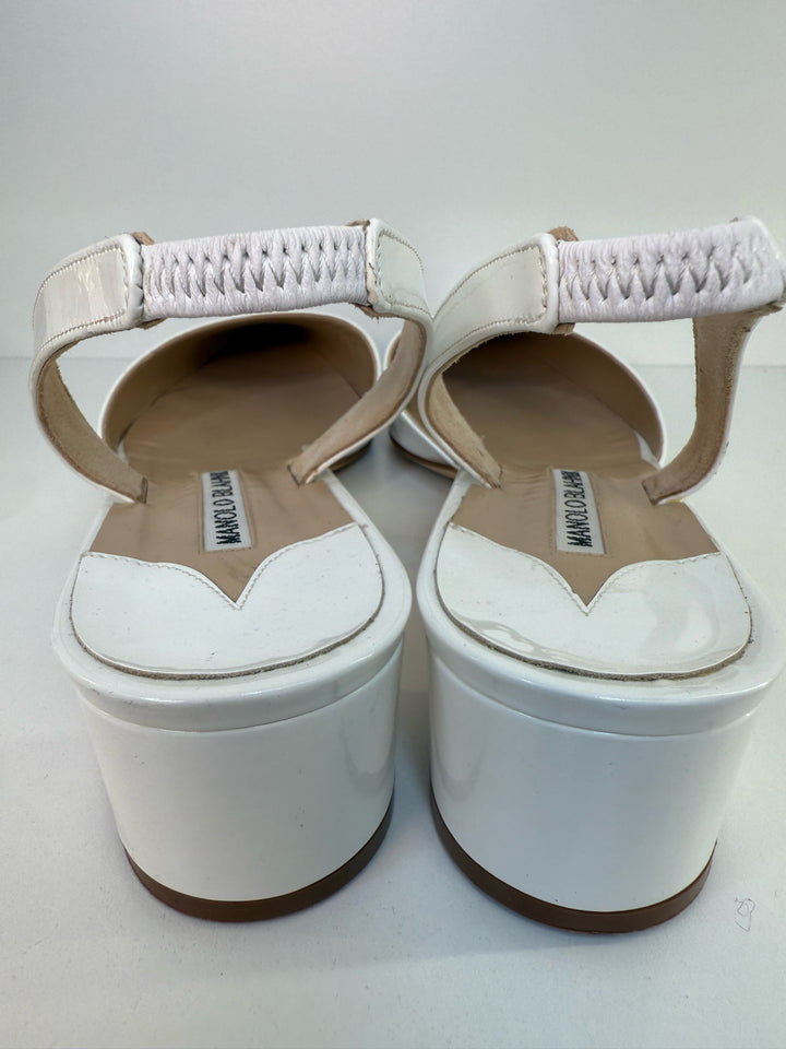 Manolo Blahnik White Patent Leather Slingback DesignerShoes Sz 10.5"