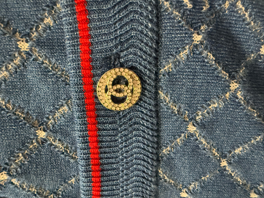 Chanel 20P Red Trim CC Rhinestone Buttons Cardigan Size 40