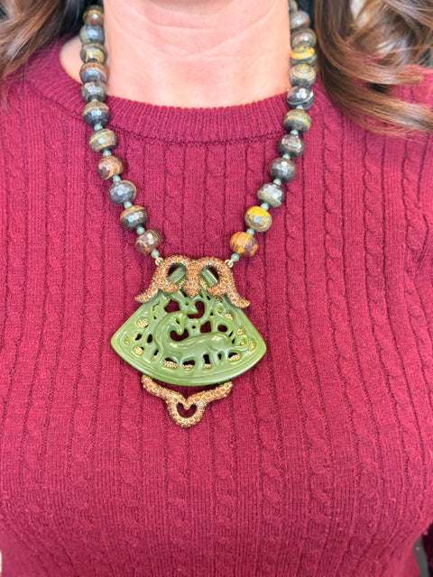 Heidi Daus Jade green Dragon Carved w Rhinestone Brown Glass beads Necklace