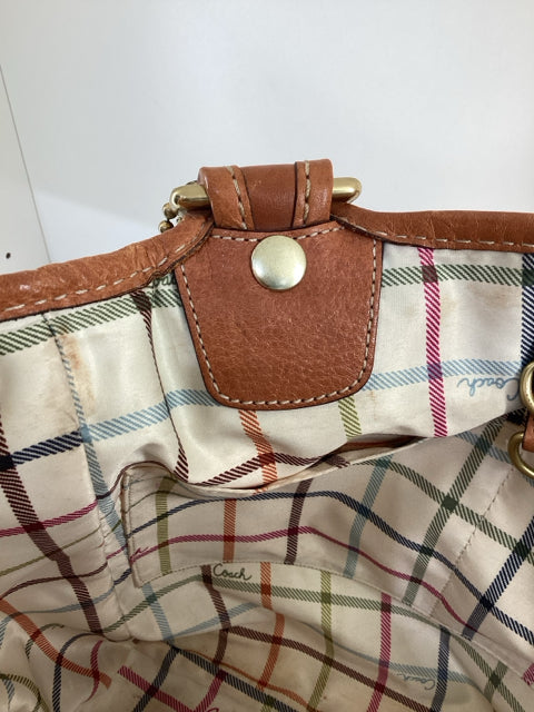 Pre Owned Coach Beige Leather handles w/coach logo and C logo scarf Tote Bag.