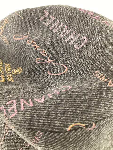 Chanel Bucket Hat denim black bucket multicolor writing Sz Small.