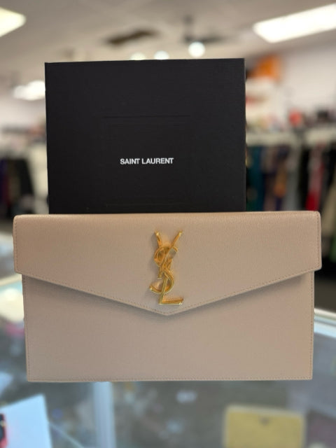 Yves Saint Laurent Leather Beige Uptown Pouch w/ Dust & Box