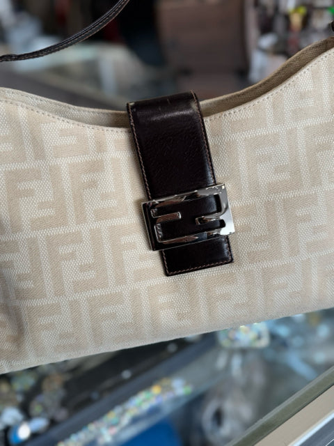 Fendi Canvas Ivory Baguette w/ Brown Leather Accents Designer Bag