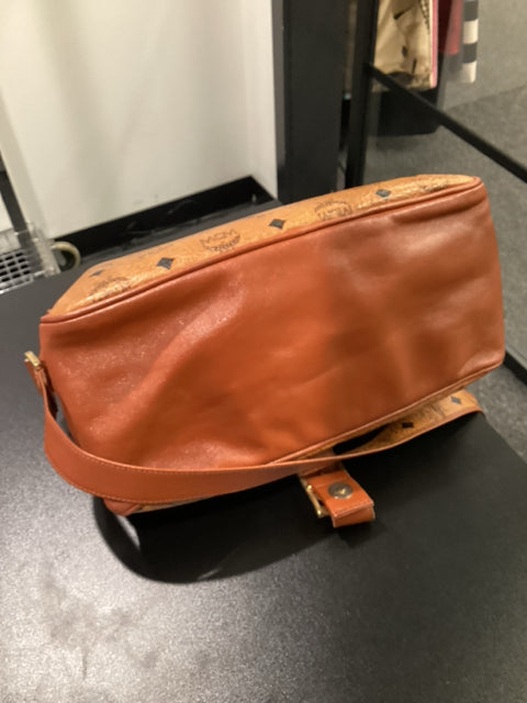 MCM Tan and Black Leather Messenger with gold front buckle Designer Bag