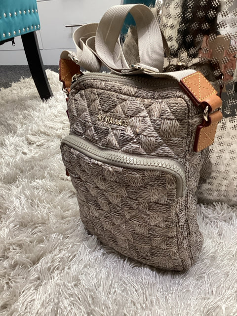 Pre Owned Mz Wallace Beige/Brown Nylon Basket Weave Print Cross Body Bag.