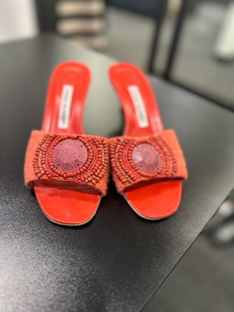 Manolo Blahnik Sz 39 Orange Kitten Heels Sandals Shoe