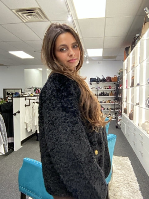 Chic Black Teddy Bear Faux Fur Jacket W Gold Buttons. Size M/L