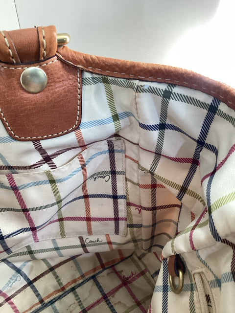 Pre Owned Coach Beige Leather handles w/coach logo and C logo scarf Tote Bag.