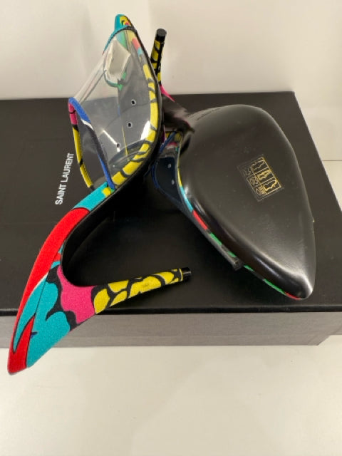 Yves Saint Laurent Sz 7.5 Multi Color w/ Clear Front  Mules Shoes