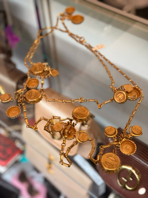 DKNY 1980's Gold Vintage Bottle Cap Necklace 84" Necklace