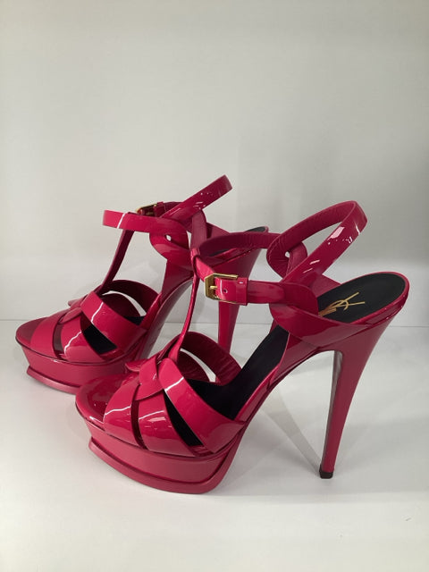 Sz 38 Yves Saint Laurent Fuschia Tribute Patent Leather Sandals Shoes w/ box