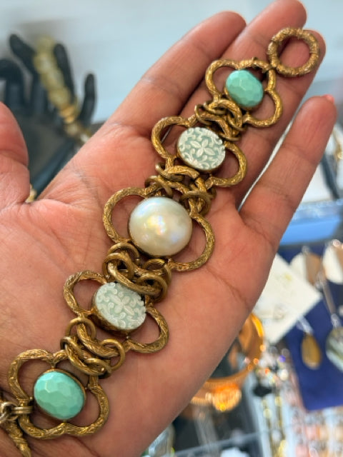 Stephen Dweck Bracelet Brass w Turquoise & Mother of Pearl
