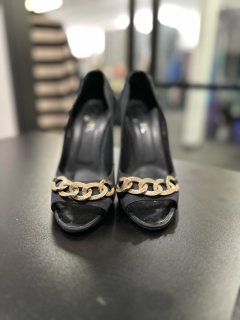 Chanel Sz 40  Black Quilted Heels Shoes Peep Toe