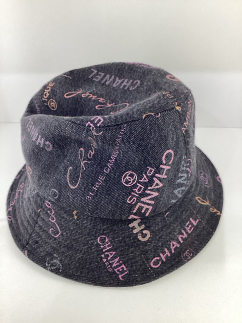 Chanel Bucket Hat denim black bucket multicolor writing Sz Small.