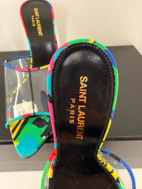 Yves Saint Laurent Sz 7.5 Multi Color w/ Clear Front  Mules Shoes