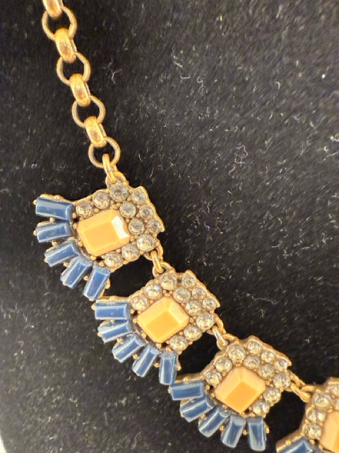 Pre Owned J Crew Gold Plated w/ Station Peach and Navy CZ faux stones Necklace.