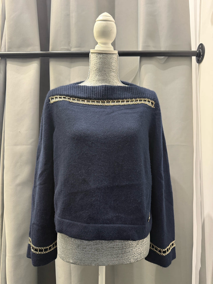 Chanel Cashmere Boat Neck w Gold Chain Detail Sweater Size 38