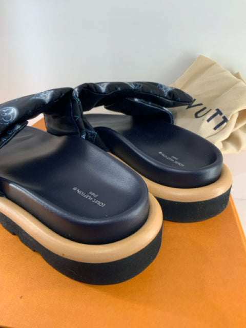 Pre Owned Louis Vuitton Black & Blue Pillow Slide Shoe Sz 38 Shoin Box