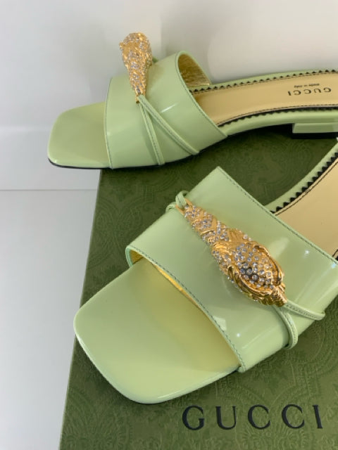 NIB Gucci Sz 36 Pistachio Leather w/ Regent Tiger Slides Shoes