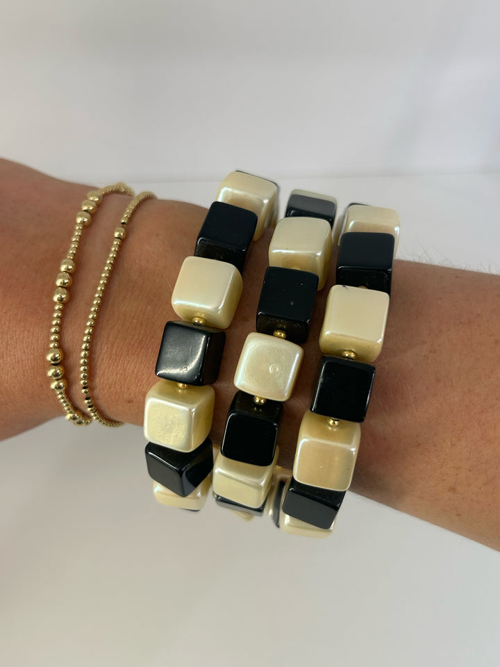 Vintage Karl Lagerfeld 3 Strand Cubes Gold, Blk, White Bracelet
