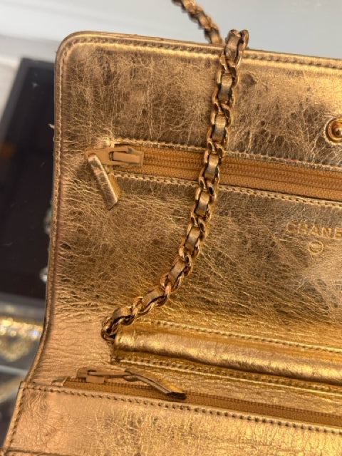 Chanel Metallic Gold Quilted Designer Bag W/ Dustbag