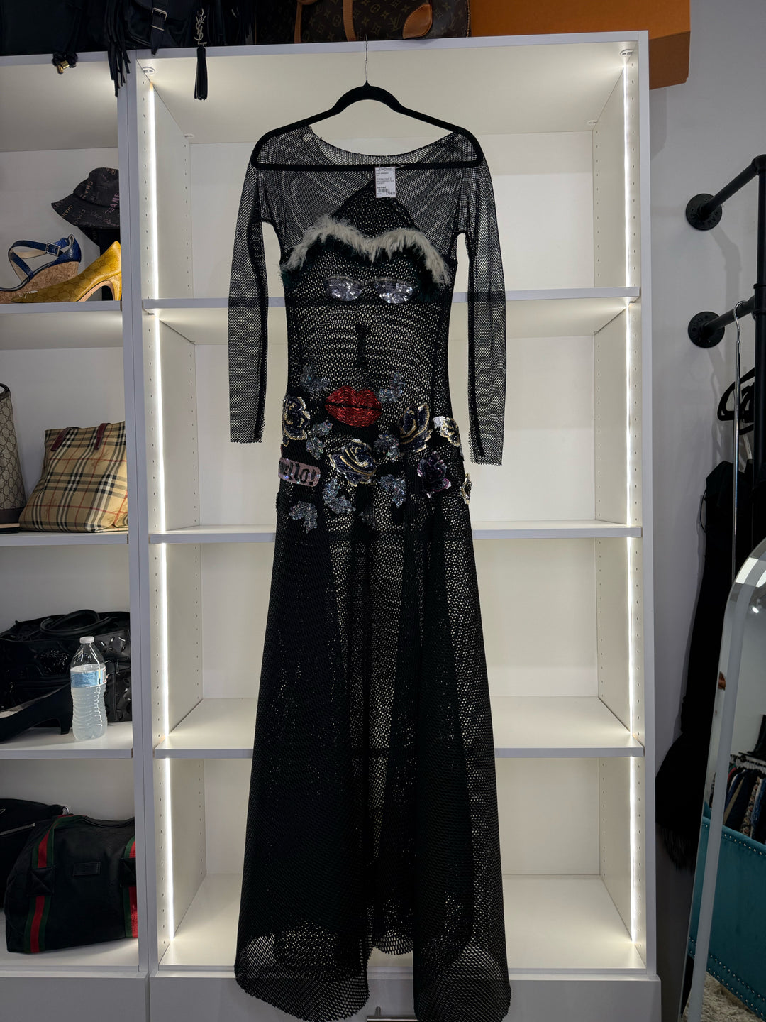 OLGA ANDREEVALS sheer mesh 3D sequin/applique face RUNWAY Dress