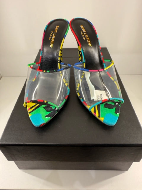 Yves Saint Laurent Sz 7.5 Multi Color w/ Clear Front  Mules Shoes