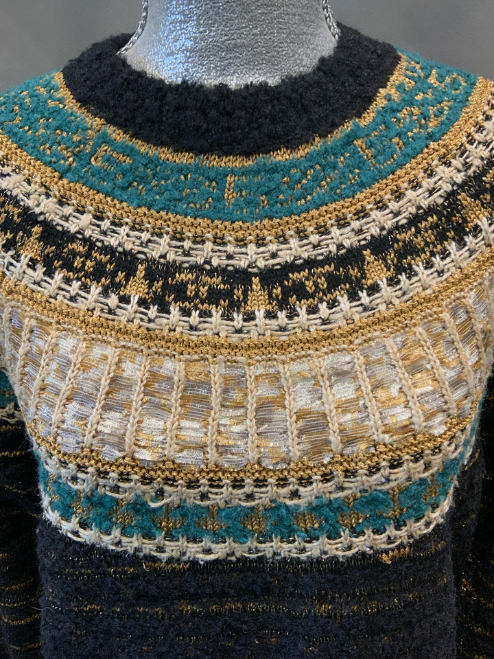 Chanel 19A L/S Crew neck Gold and Teal Bib Sweater Size 38