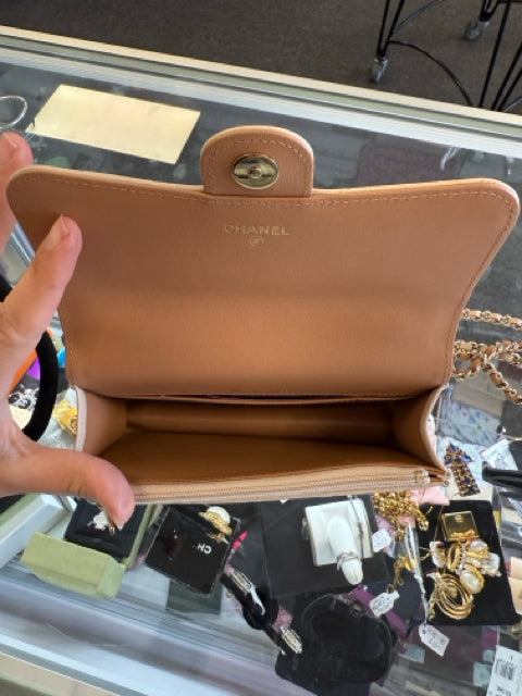 Chanel 2023 Beige Leather Chain Top Handle Crossbody Bags