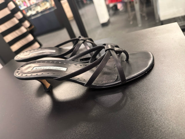 Manolo Blahnik Sz 39 Black Kitten Heel Sandals Shoe