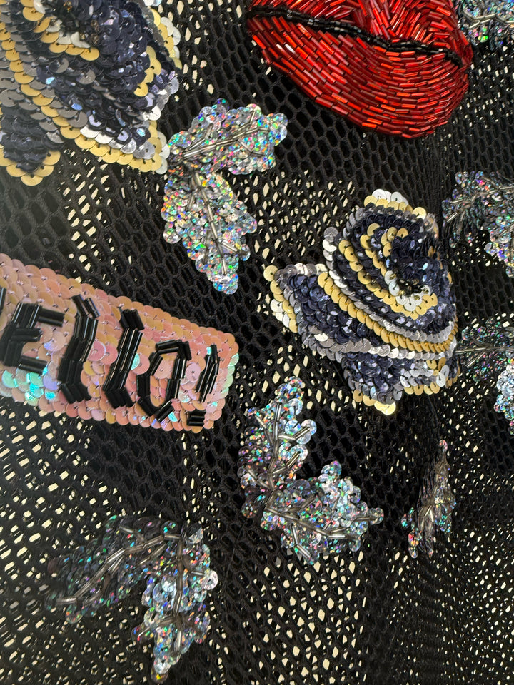 OLGA ANDREEVALS sheer mesh 3D sequin/applique face RUNWAY Dress