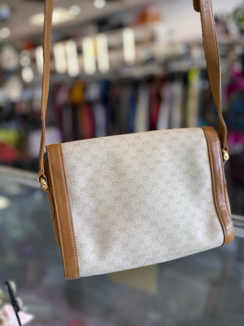 Gucci Vintage GG Cream Micro Guccissima w Tan Leather Crossbody Mini Tote Handbag