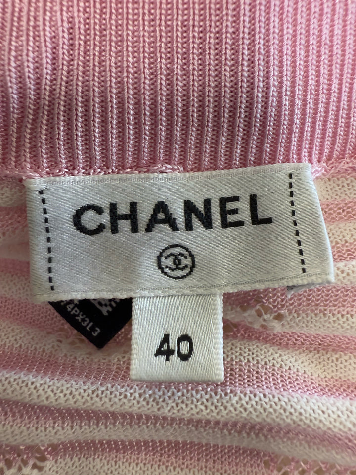 Chanel 24C L/S Openwork Knit Floral & CC Top Size 40